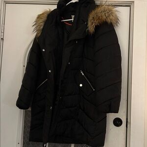 Rachel by Rachel Roy Black Puffer Coat with Faux Fur Trim